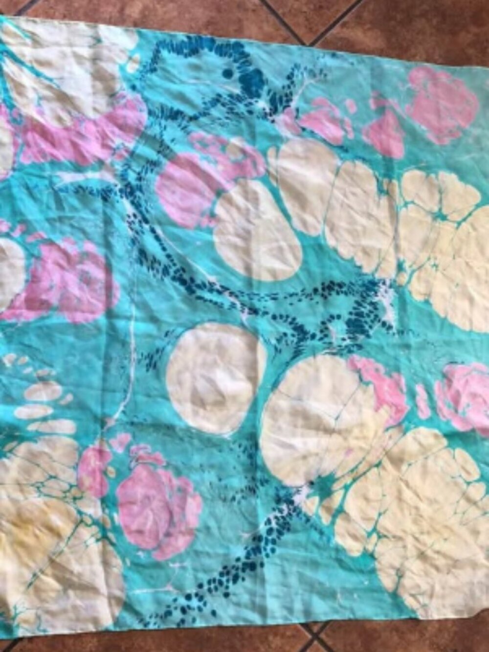 Vintage Silk Scarf Abstract Floral Pink Blue